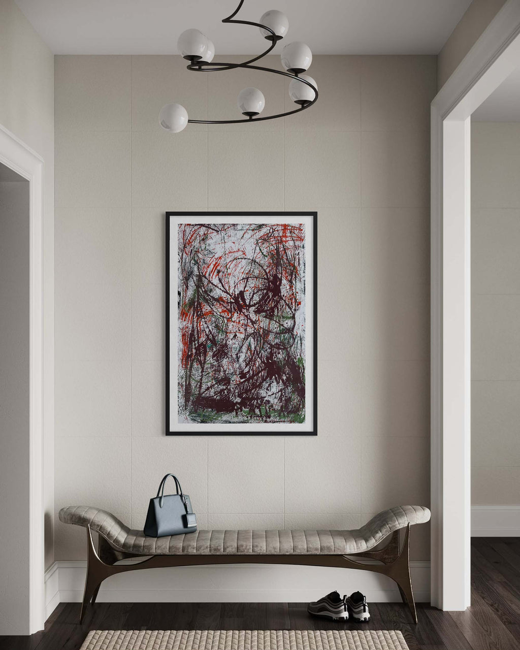 Modern interior with abstract art on a wall, bench, and handbag.