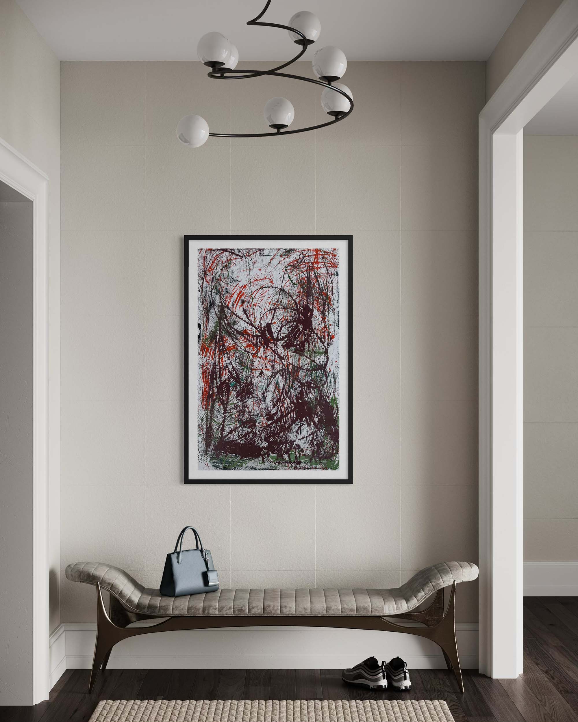 Modern interior with abstract art on a wall, bench, and handbag.