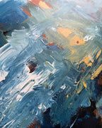 Abstract painting with a mix of blue, orange, and white colors.