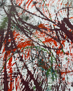 Abstract art with red, black, and green brush strokes on a white background