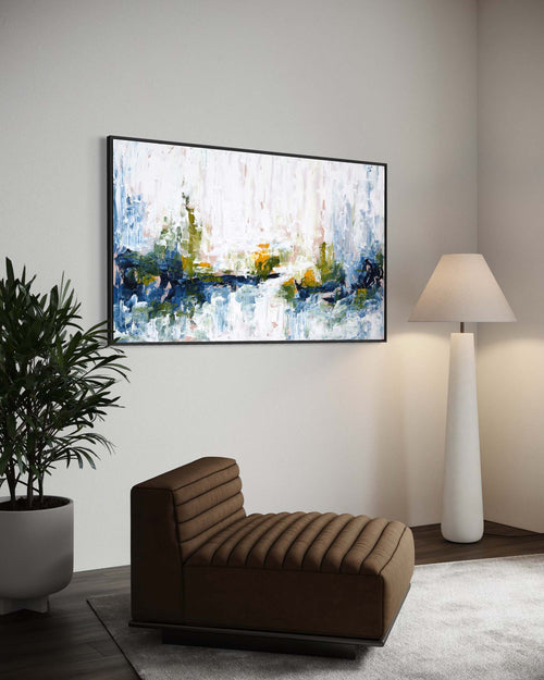 Modern living room with a brown sofa, abstract painting, and floor lamp.