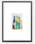 an abstract painting with various colours includng yellow, teal and navy.