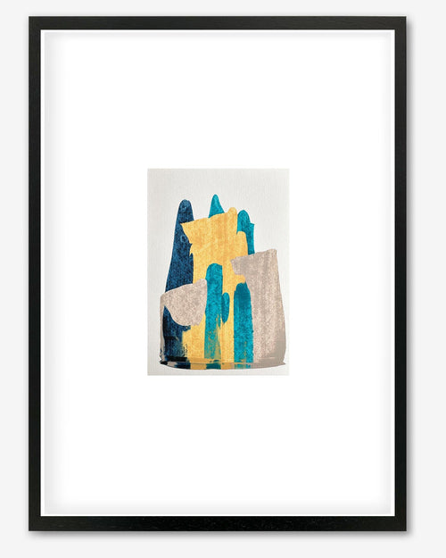 an abstract painting with various colours includng yellow, teal and navy.