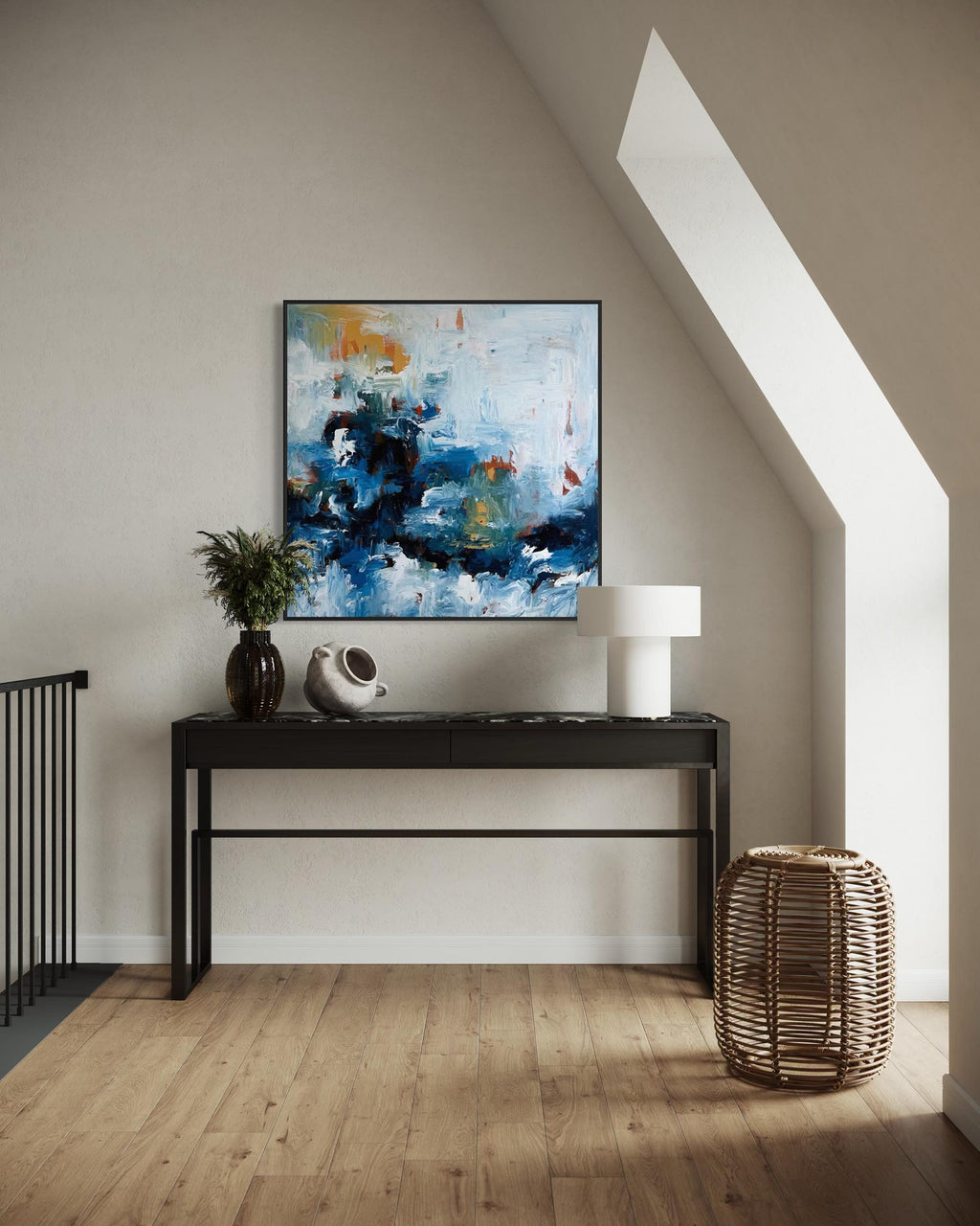 Modern interior with a console table, abstract painting, and decorative items.