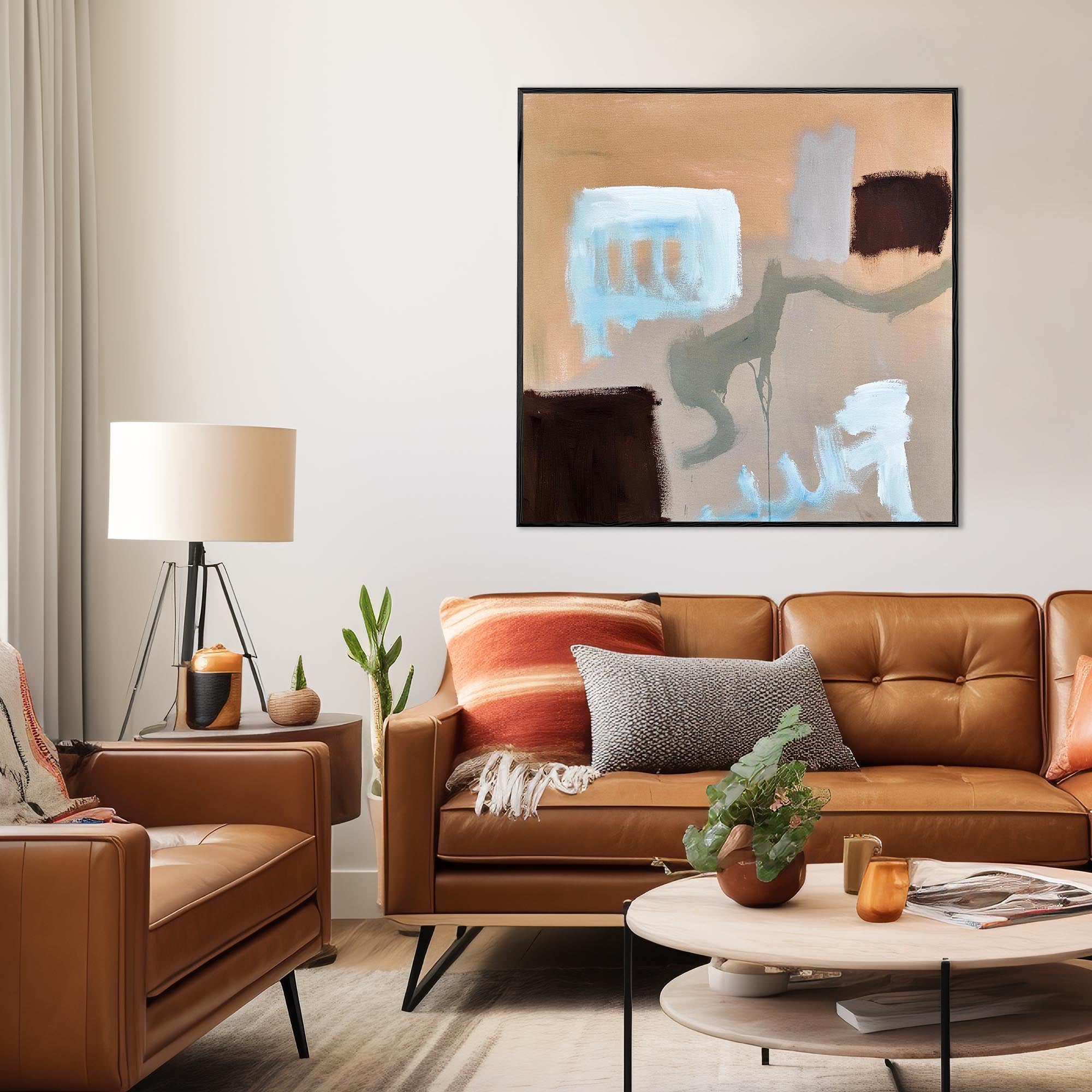large original abstract contemporary painting on a wall in living room above sofa