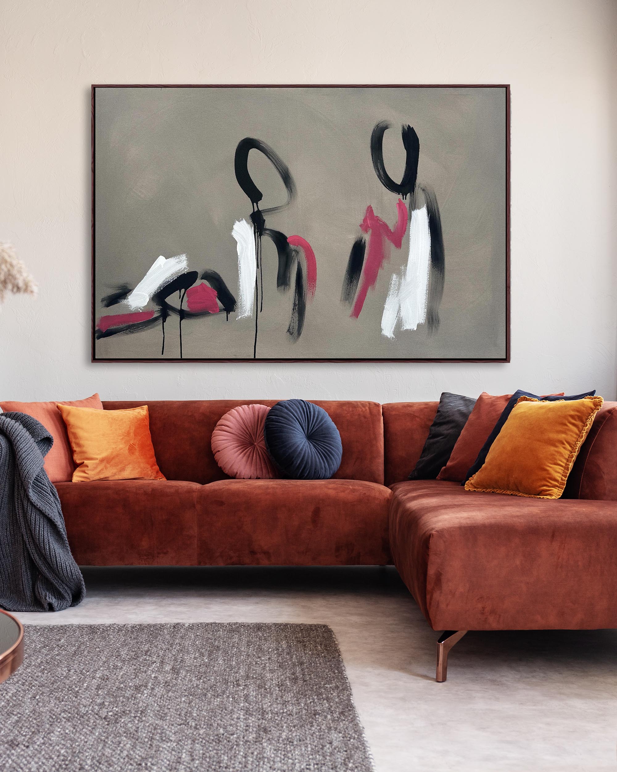 Extra large contemporary modern abstract wall art, featured above brown sofa in modern living room.