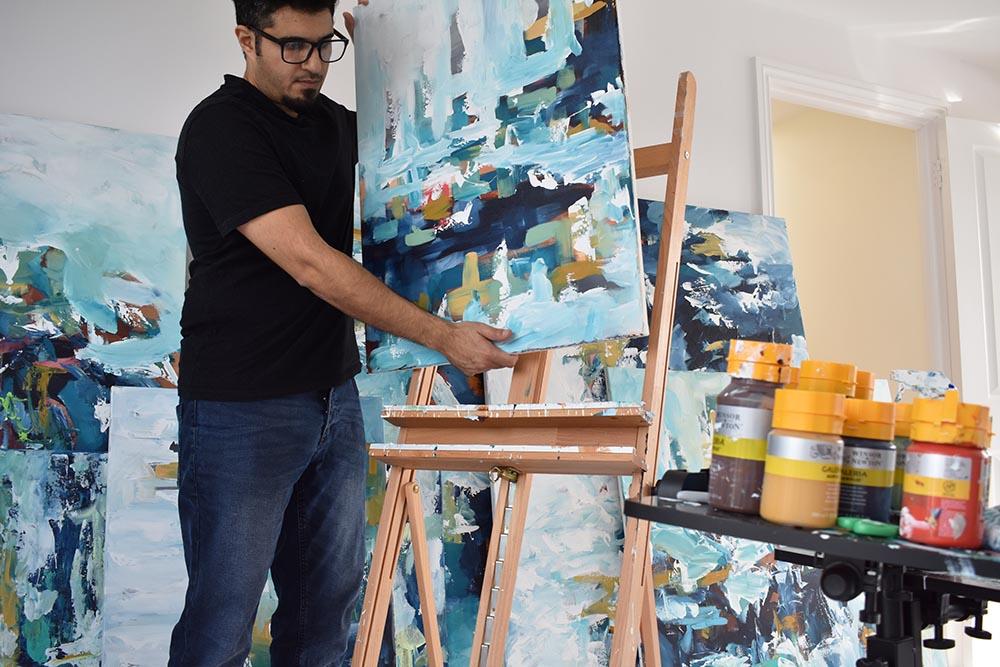 Artist Omar Obaid in his London studio