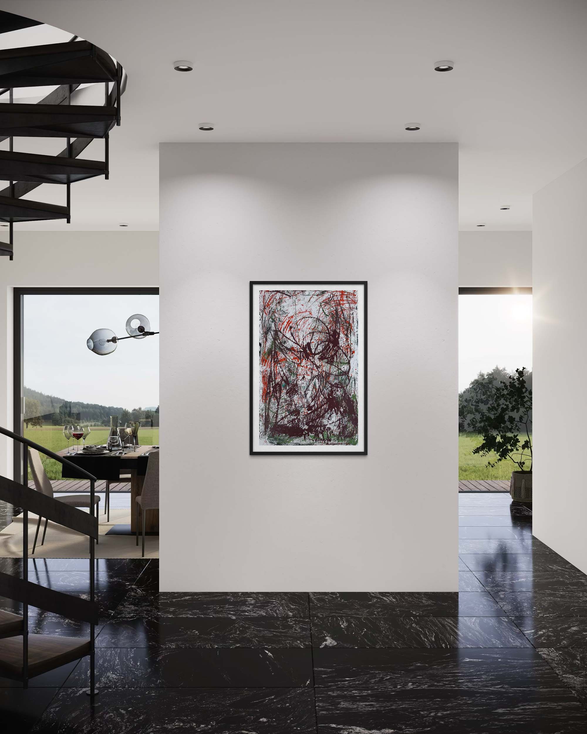 Modern interior with a abstract painting on a white wall, black marble floor, and a spiral staircase.