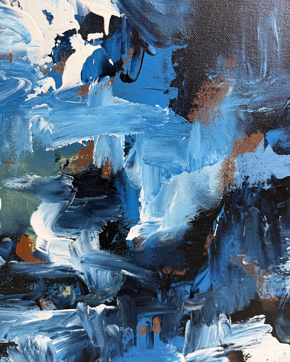 Abstract painting with blue, black, and white colors