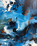 Abstract painting with blue, black, and white colors