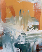 Abstract painting with orange, white, and blue brush strokes on a textured surface