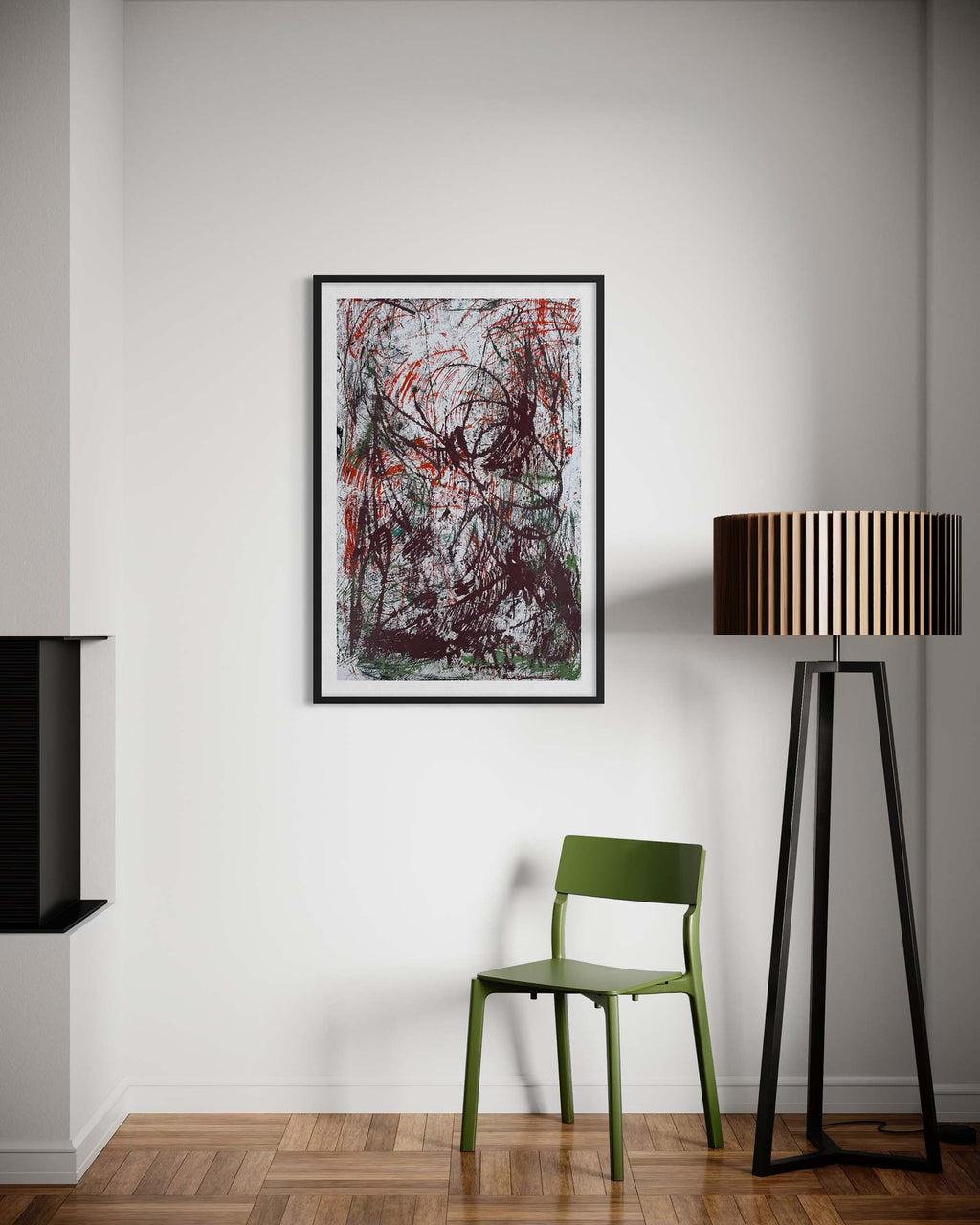 Modern interior with abstract art, green chair, and tall lamp.