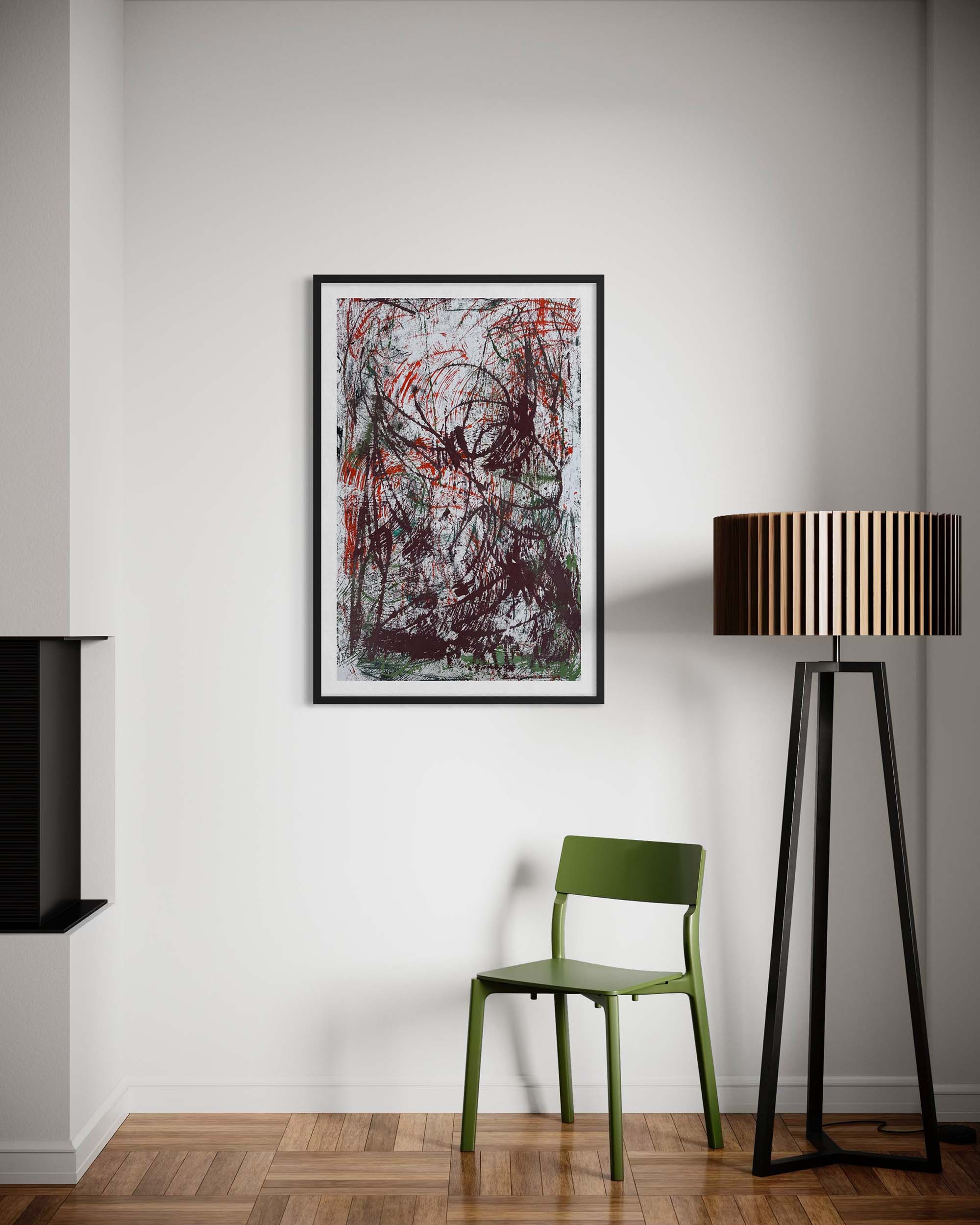 Modern interior with abstract art, green chair, and tall lamp.