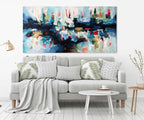A Peacock Walking In A Field Of Hens - 152x76 cm - Original Painting